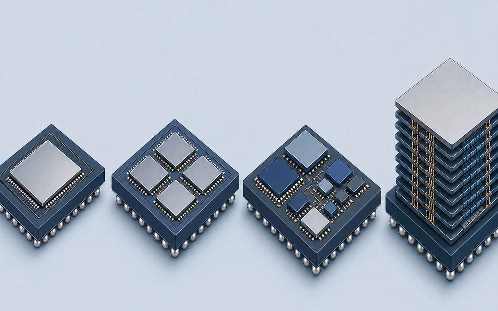 Isometric progression from monolithic chips to multi-die, chiplets, and system-in-package