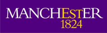 The University of Manchester logo. Purple background with white letters spelling out Manchester and with the date of the University was established 1824 in yellow lettering.  